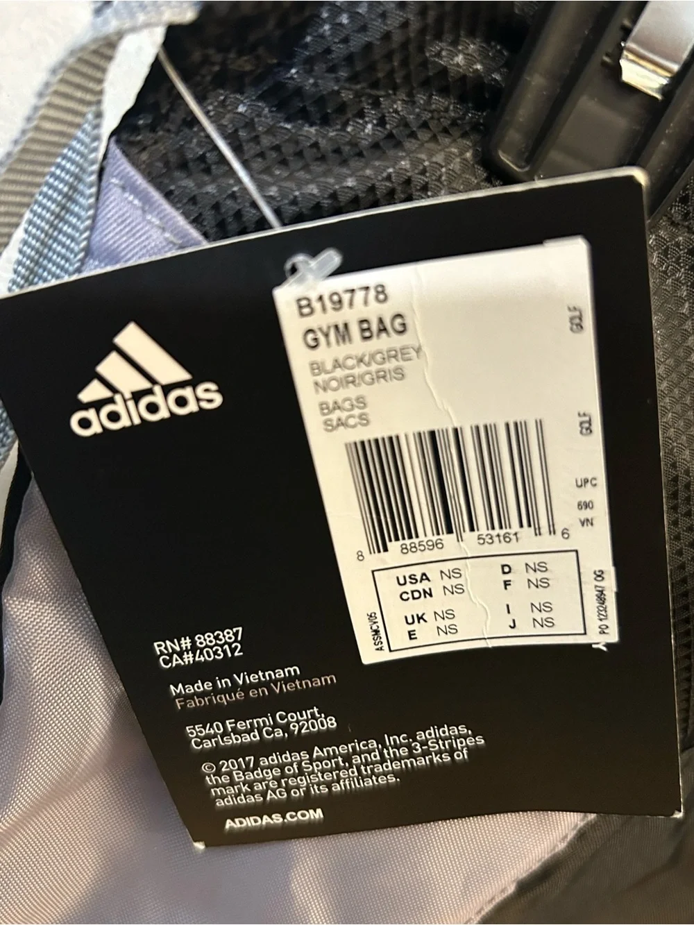NWT- adidas Black and Light Gray Drawstring Backpack with Front Zip Pocket